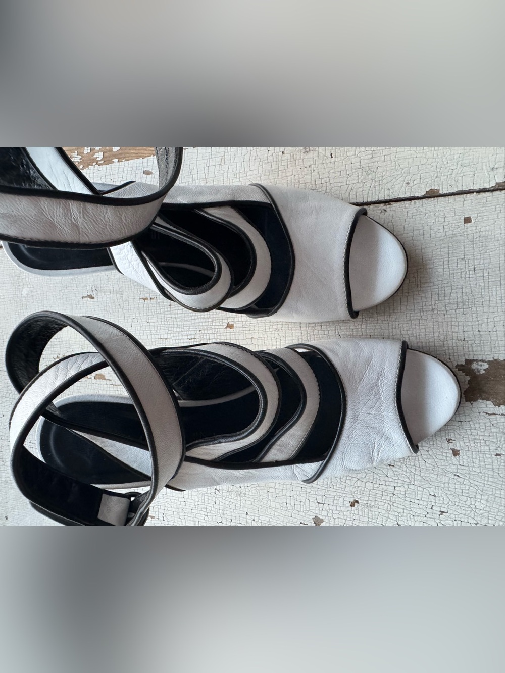 Women's White and Black Strappy Open-Toe Heels